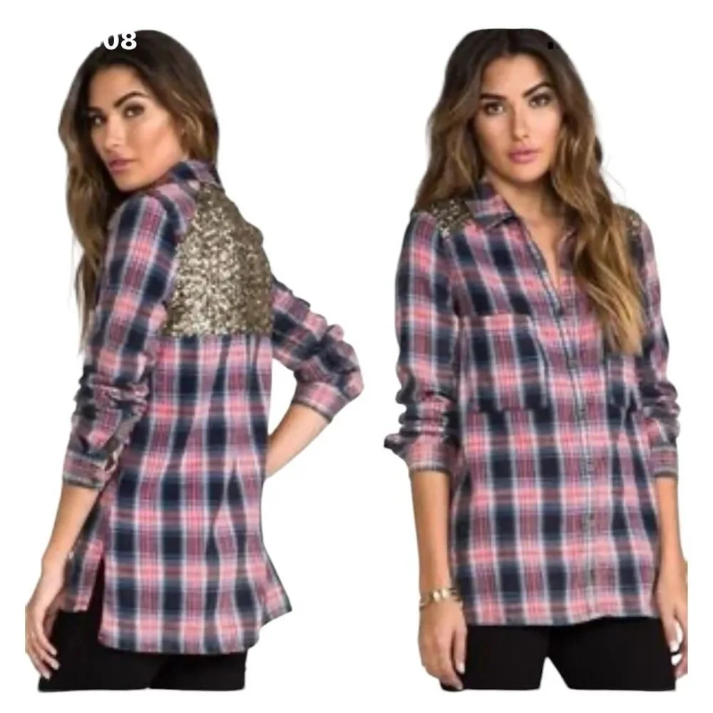 Free People Little Bit of Sugar Women's M Sequin plaid flannel shirt
